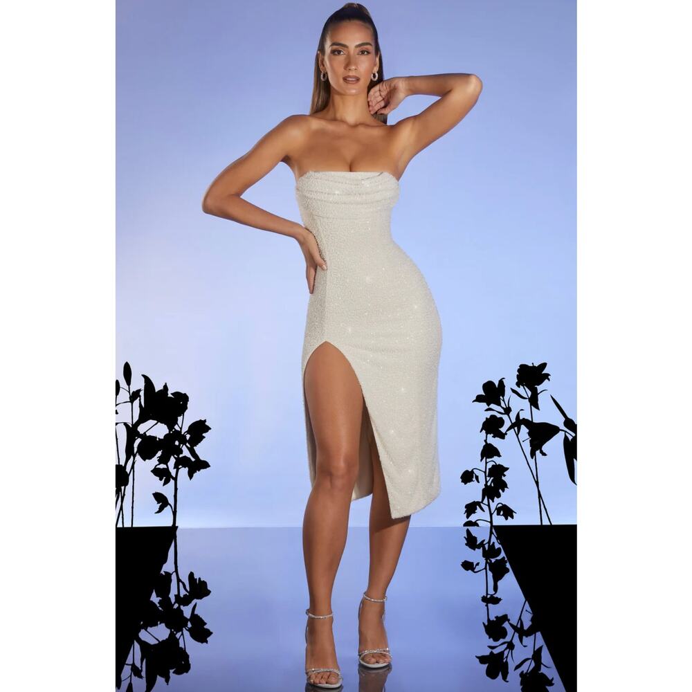 Oh Polly Verbier Embellished Bandeau Cowl Neck Midi Dress in Ivory US 6